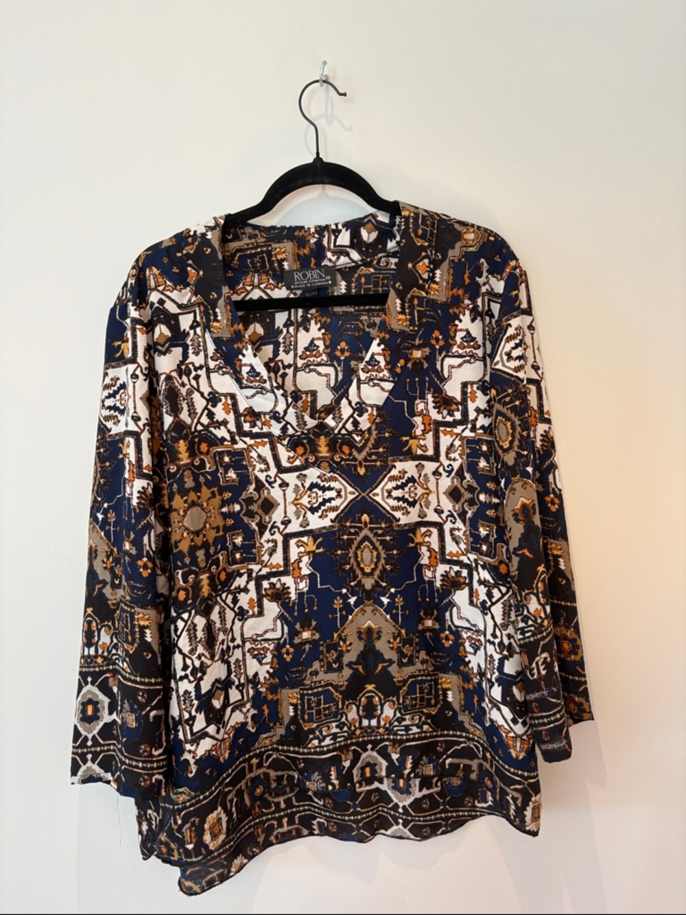Navy, Cream & Brown Geometric Print V-Neck Top